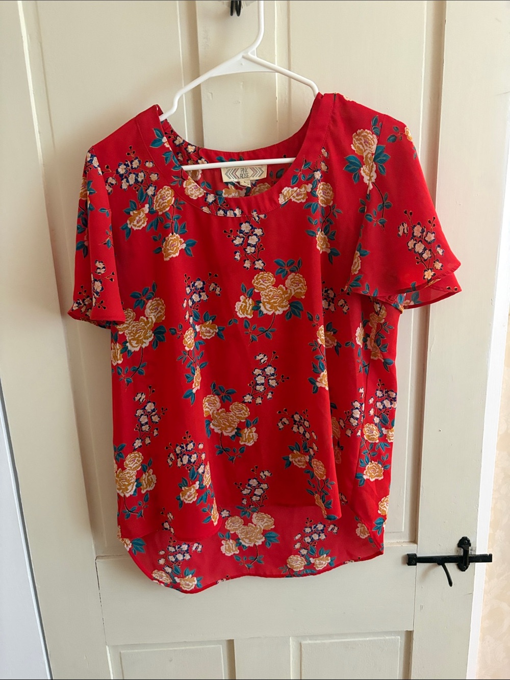 Pink Rose Red Floral Short Flutter Sleeve Blouse